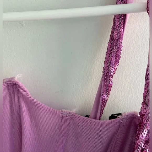 For Love & Lemons Sequin Candice Mini Dress in Pink/Purple with Velvet Bows - Picture 6 of 7